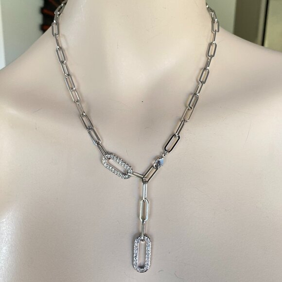 FAC Crystal Chain Link Lariat Style Necklace Silver Tone - Picture 3 of 8